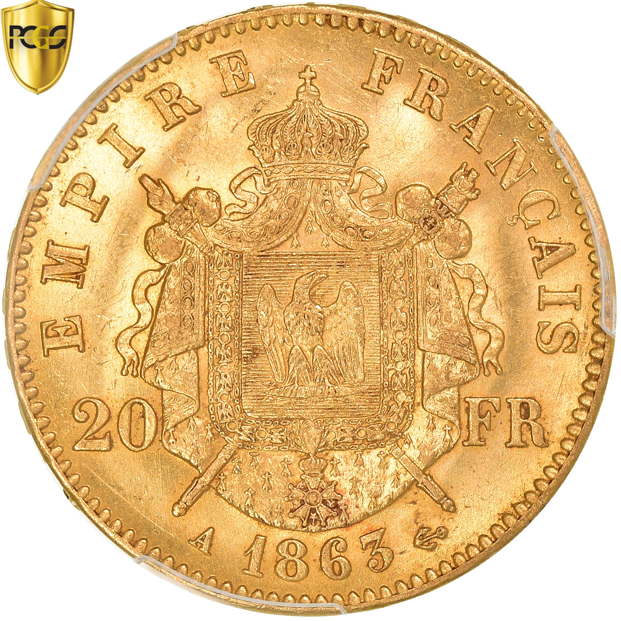 Monnaie, France, Napoleon III, 20 Francs, 1863, Paris, PCGS, MS61, SUP+, Or