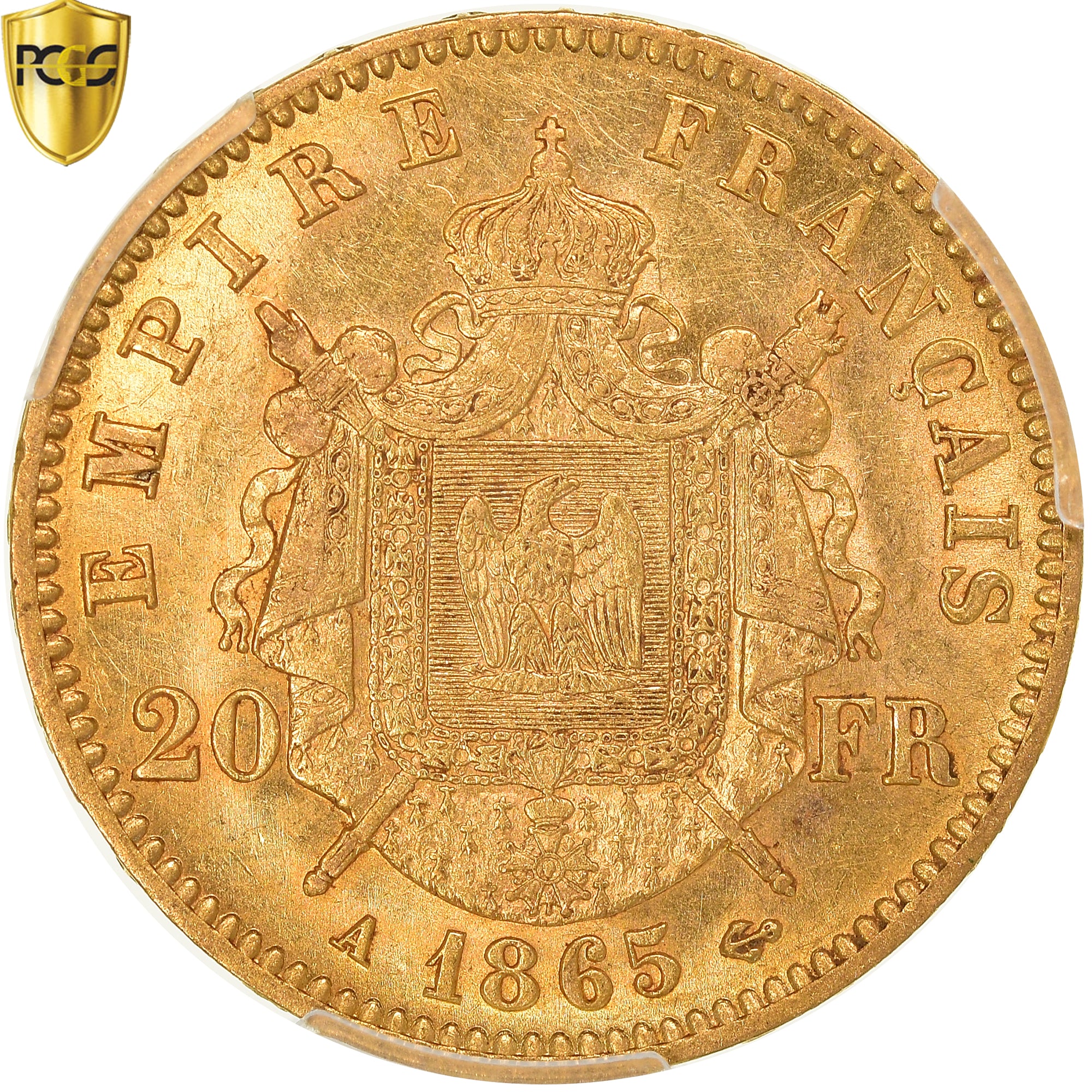 Moneta, Francja, Napoleon III, 20 Francs, 1865, Paris, PCGS, AU58, AU(55-58)