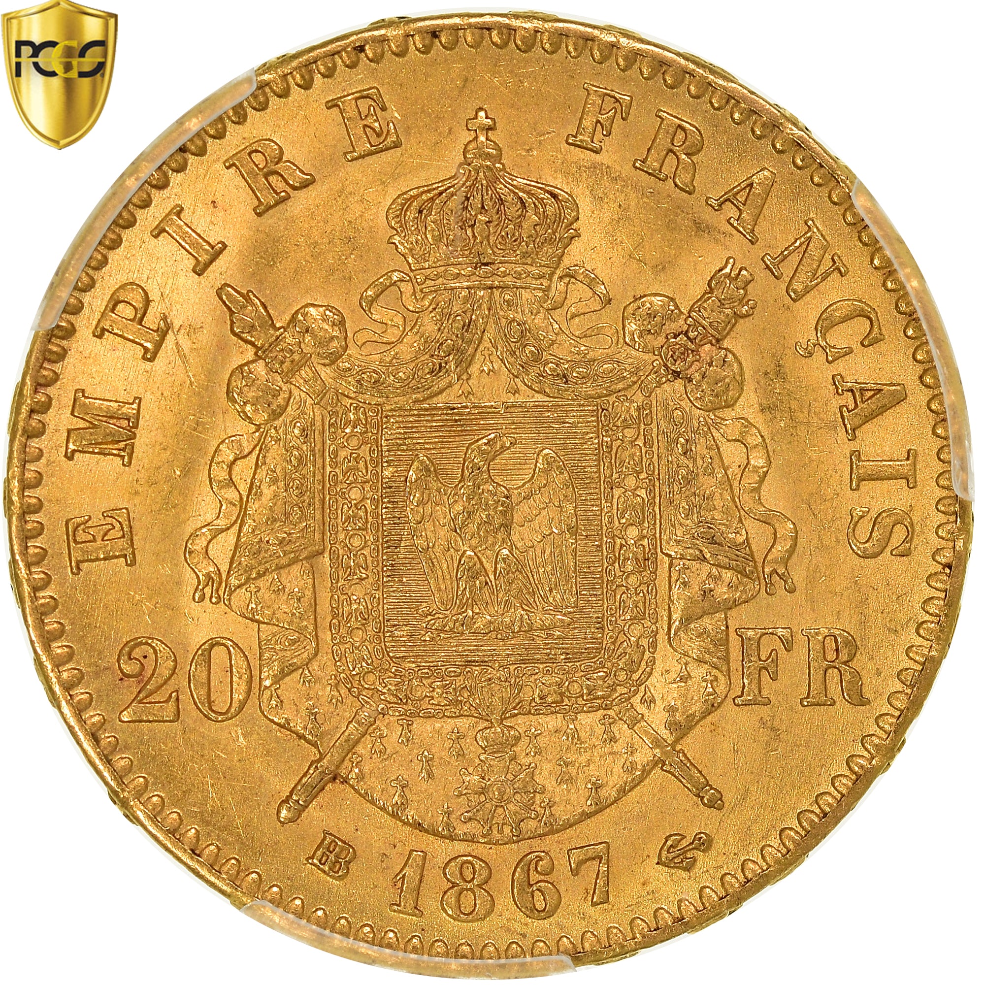 Münze, Frankreich, Napoleon III, 20 Francs, 1867, Strasbourg, PCGS, MS63, UNZ
