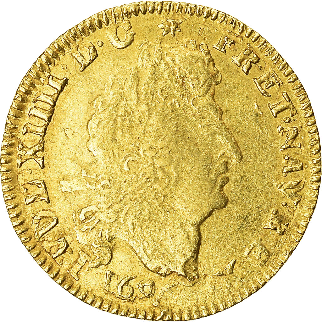 Coin, France, Louis XIV, Louis d'or aux 4 L, Louis d'Or, 1696, La Rochelle