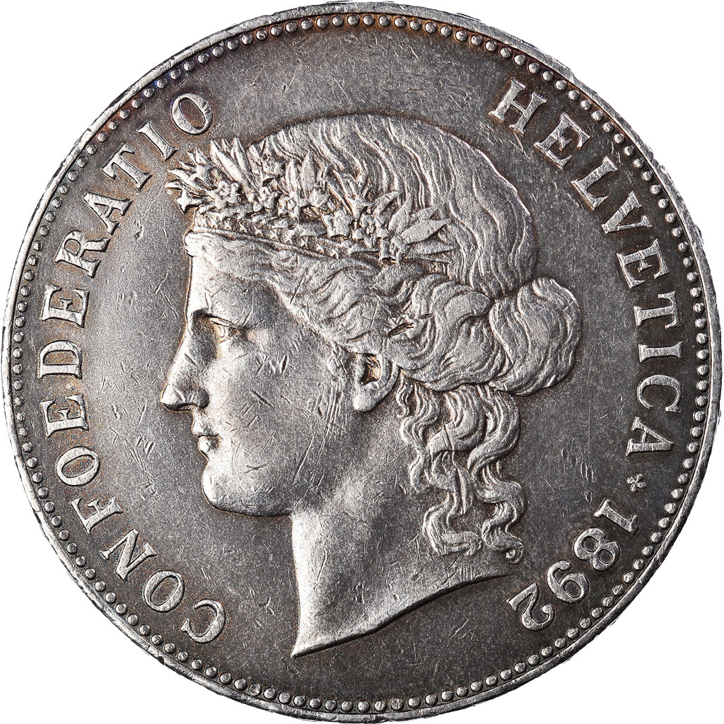 Coin, Switzerland, 5 Francs, 1892, Bern, AU(55-58), Silver, KM:34