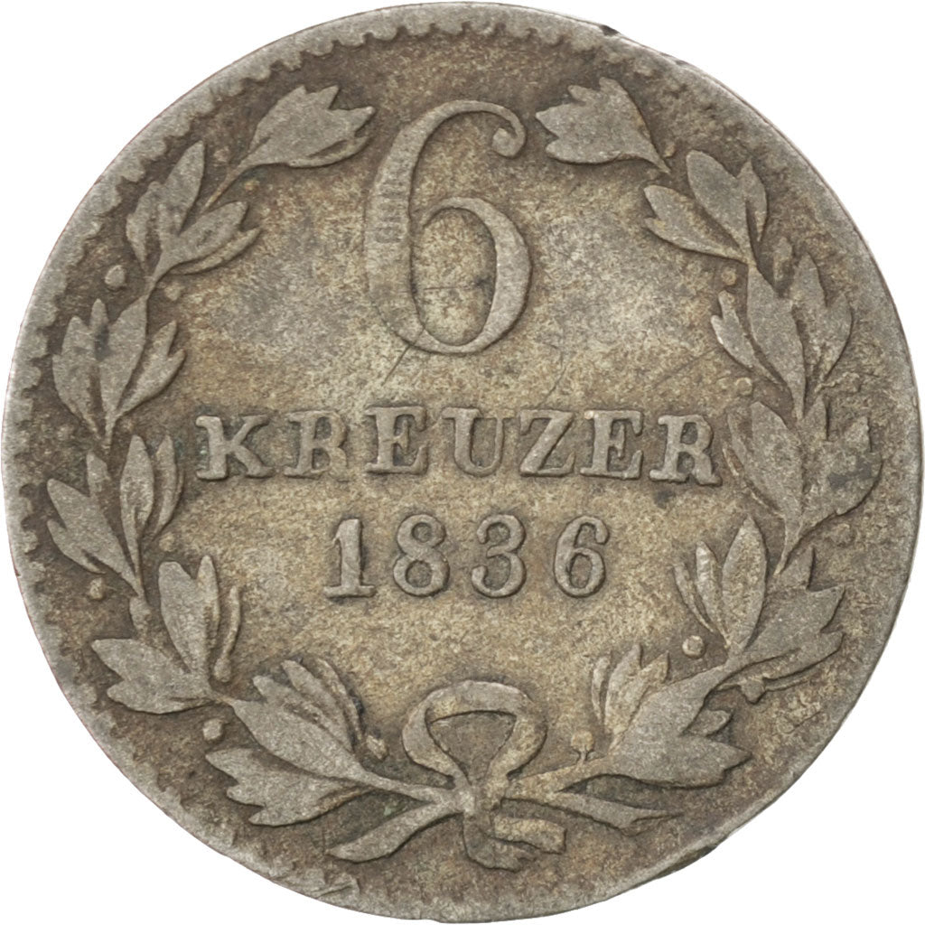 GERMAN STATES, 6 Kreuzer, 1836, KM #198.1, VF(20-25), Silver, 19, 2.18