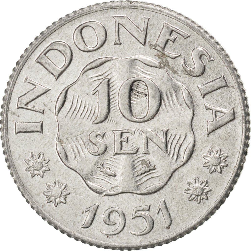 INDONESIA, 10 Sen, 1951, KM #6, AU(55-58), Aluminum, 23, 1.68