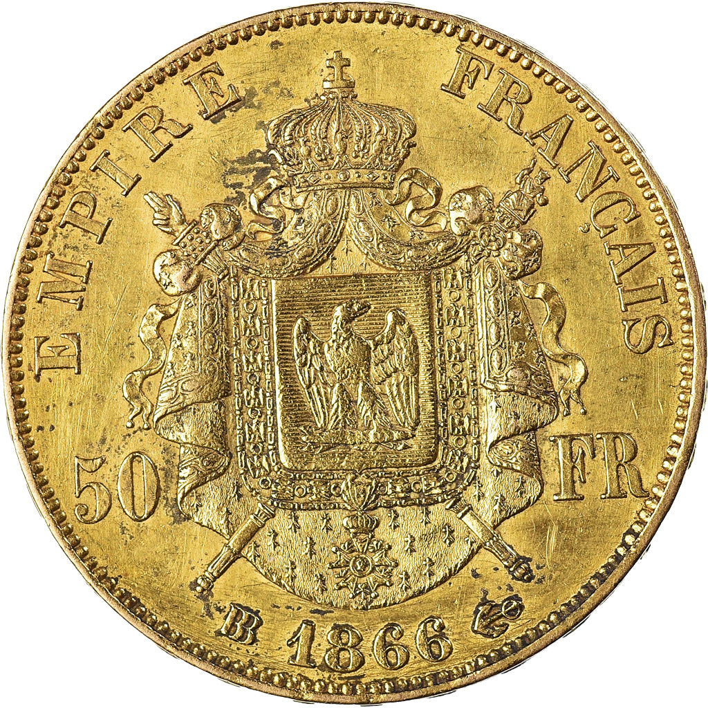 Coin, France, Napoleon III, 50 Francs, 1866, Strasbourg, AU(50-53), Gold