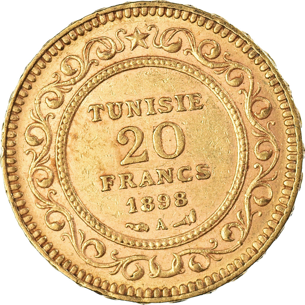 Coin, Tunisia, Ali Bey, 20 Francs, 1898, Paris, EF(40-45), Gold, KM:227