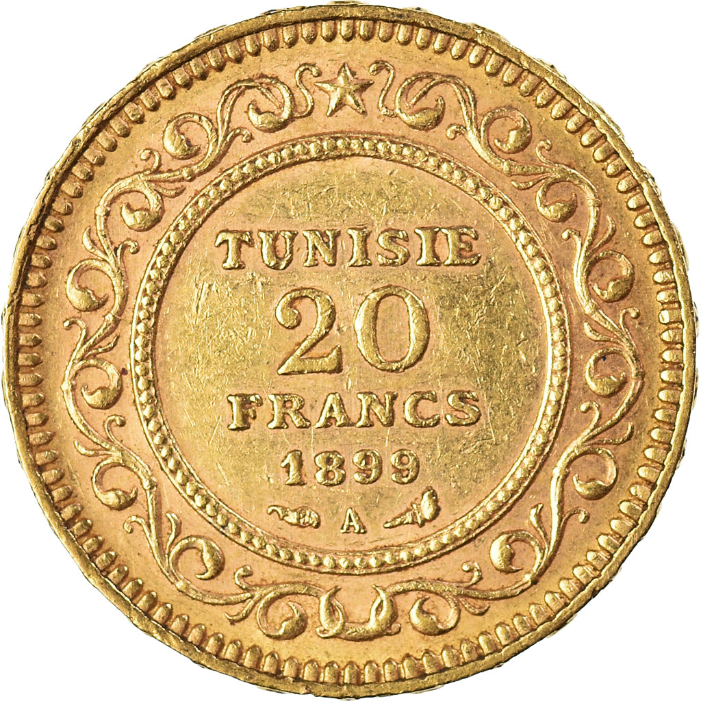Moneda, Túnez, Ali Bey, 20 Francs, 1899, Paris, MBC, Oro, KM:227, Lecompte:453