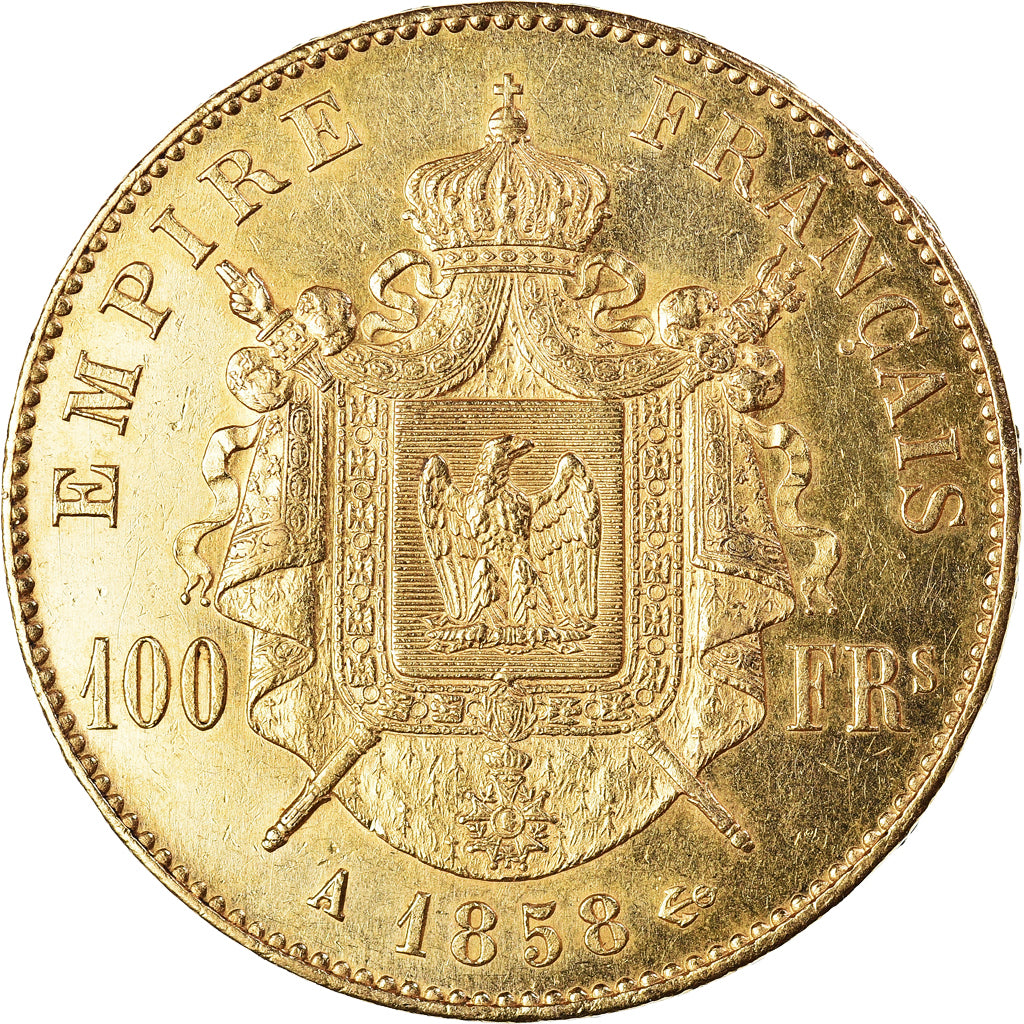 Moeda, França, Napoleon III, 100 Francs, 1858, Paris, AU(55-58), Dourado