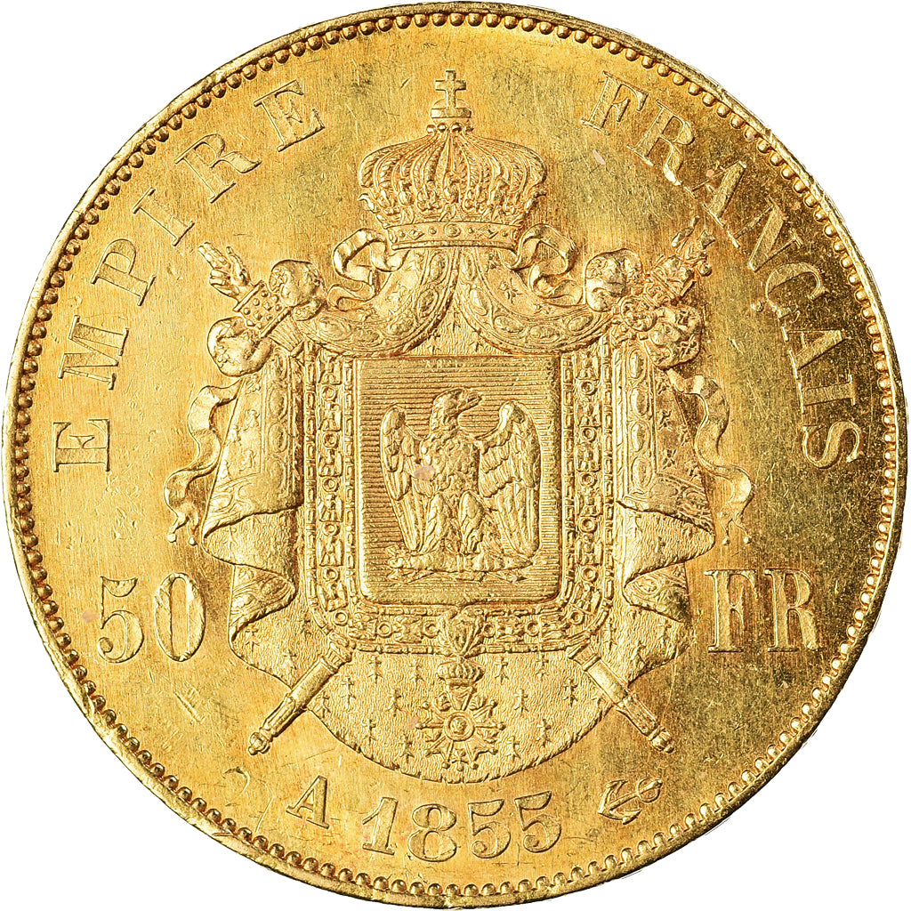 Moeda, França, Napoleon III, 50 Francs, 1855, Paris, AU(55-58), Dourado