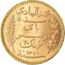 Moeda, Tunísia, Muhammad al-Hadi Bey, 20 Francs, 1903, Paris, AU(55-58)