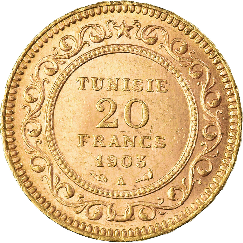 Coin, Tunisia, Muhammad al-Hadi Bey, 20 Francs, 1903, Paris, AU(55-58), Gold