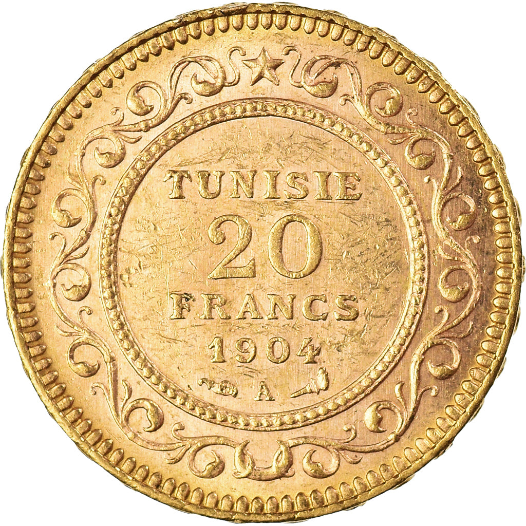 Coin, Tunisia, Muhammad al-Hadi Bey, 20 Francs, 1904, Paris, AU(55-58), Gold