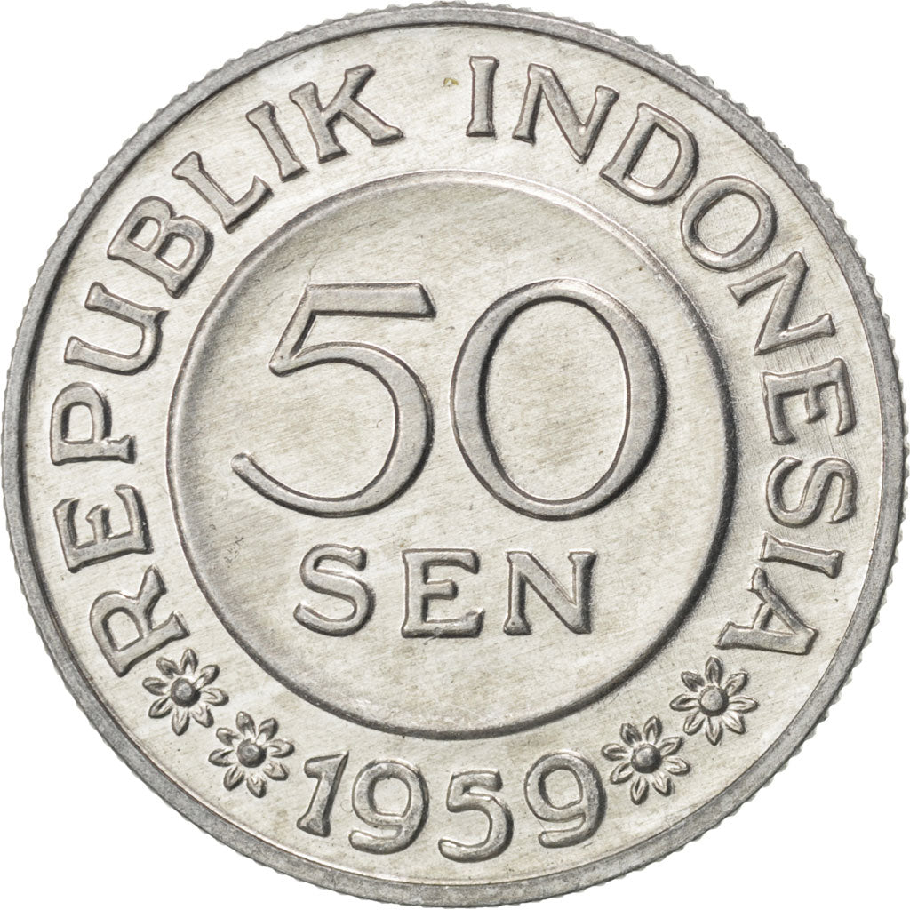INDONESIA, 50 Sen, 1959, KM #14, MS(63), Aluminum, 29, 2.99