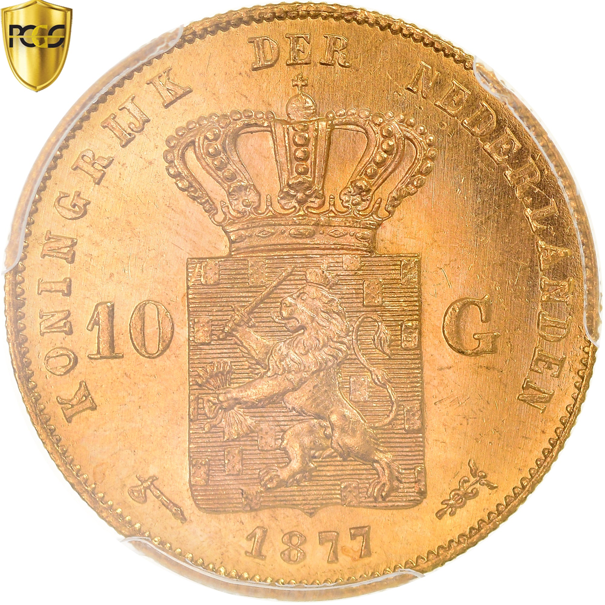 Coin, Netherlands, William III, 10 Gulden, 1877, Utrecht, PCGS, MS66, MS(65-70)