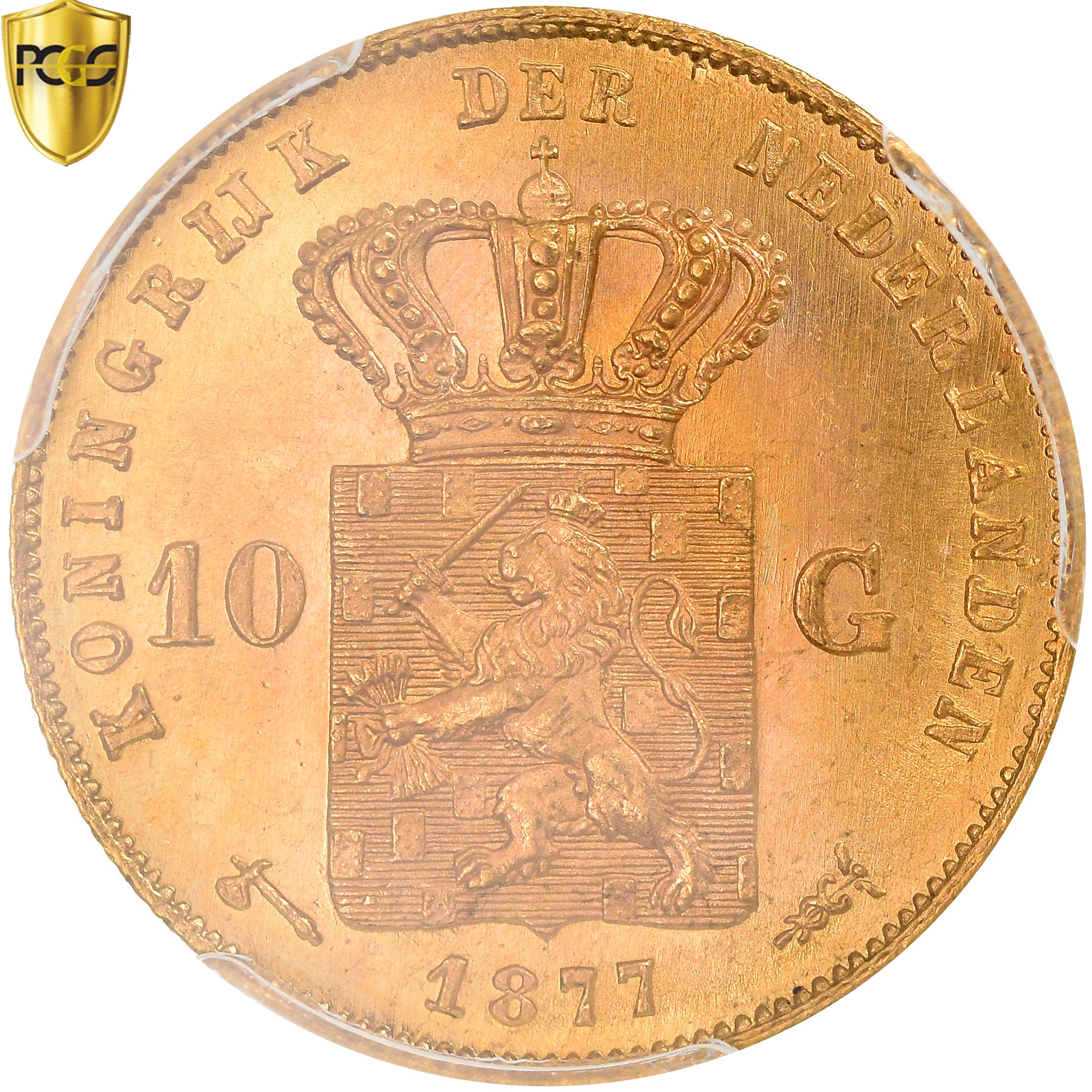 Coin, Netherlands, William III, 10 Gulden, 1877, Utrecht, PCGS, MS66, MS(65-70)