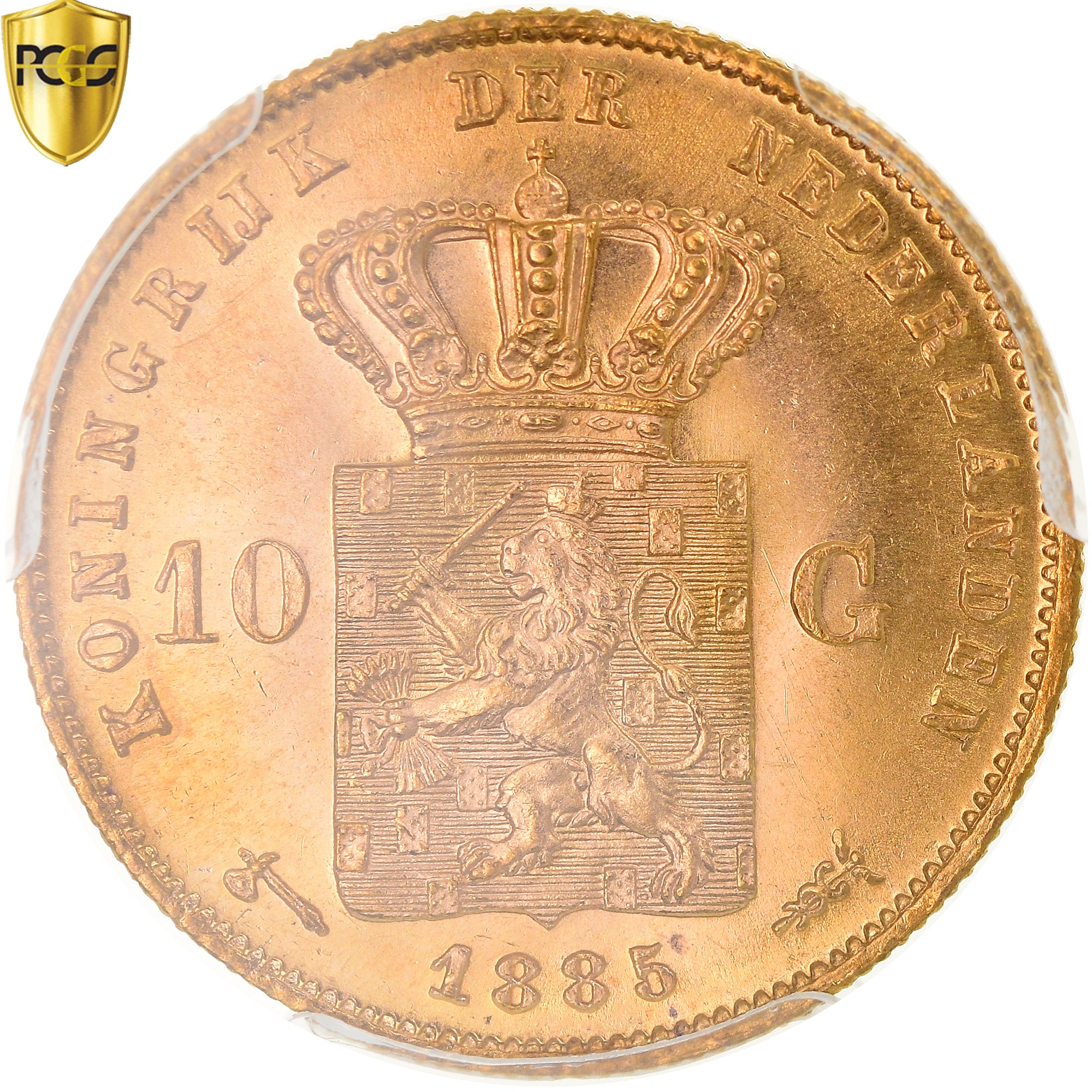 Coin, Netherlands, William III, 10 Gulden, 1885, Utrecht, PCGS, MS66, MS(65-70)
