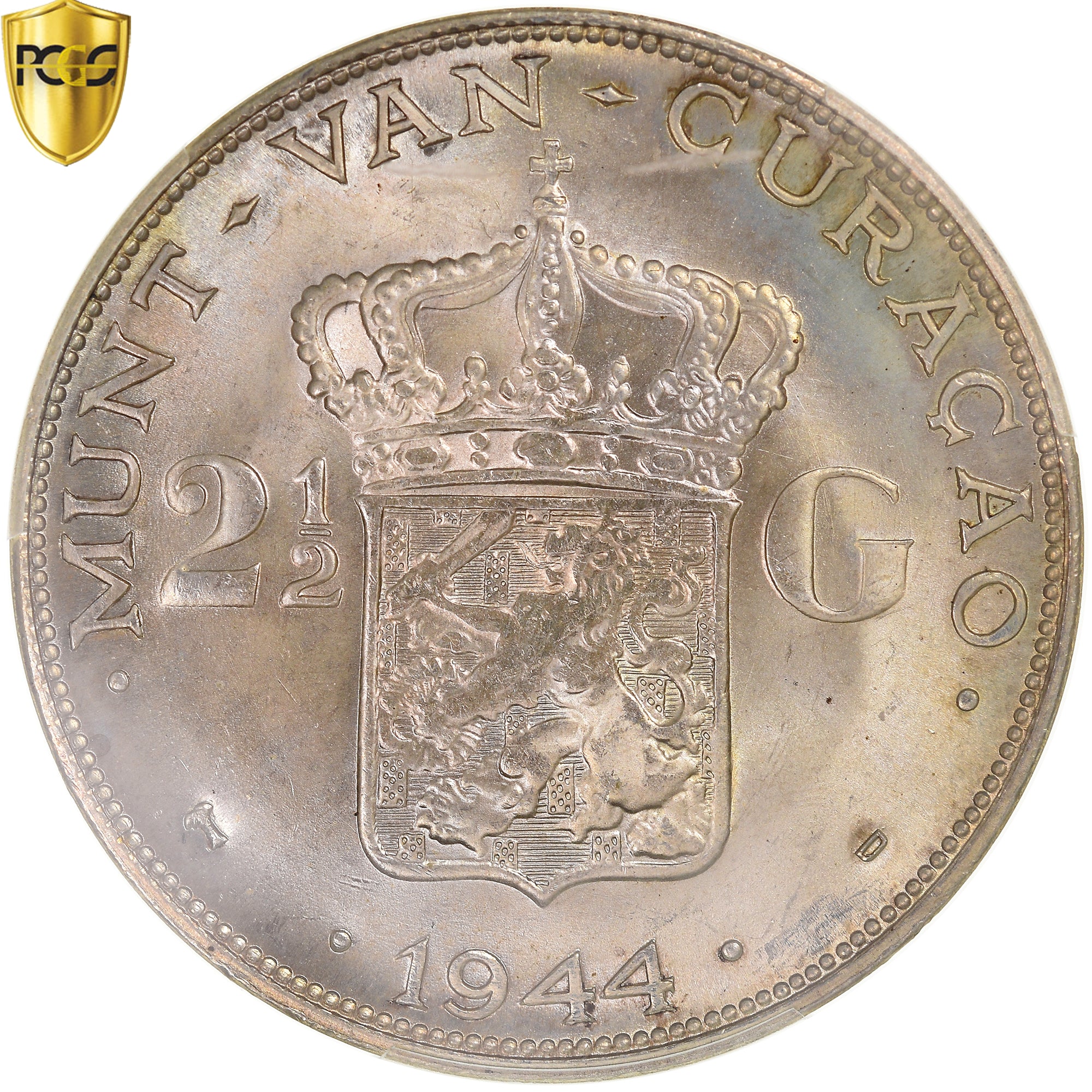 Munten, Curacao, Wilhelmina I, 2-1/2 Gulden, 1944, Denver, USA, PCGS, MS65, FDC