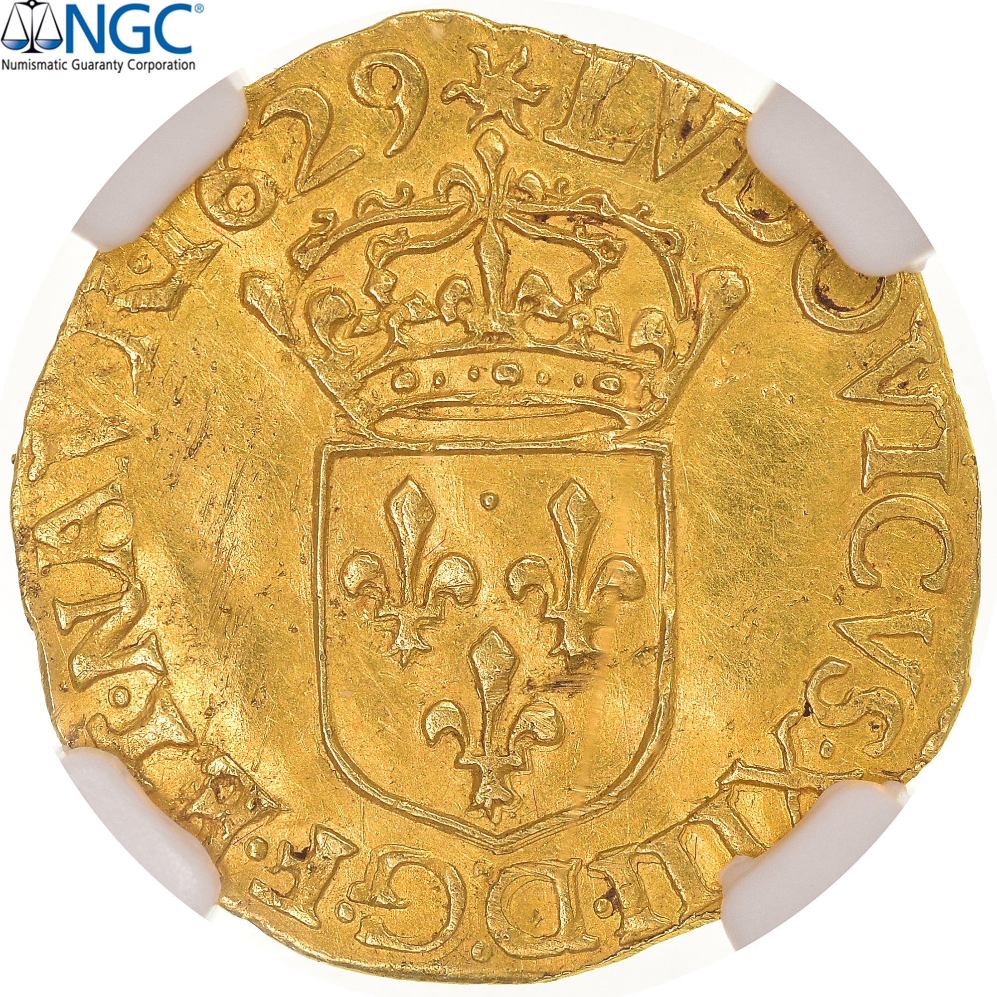 Coin, France, Louis XIII, 1/2 ECU D'or, 1629, Lyon, Double date, NGC, UNC