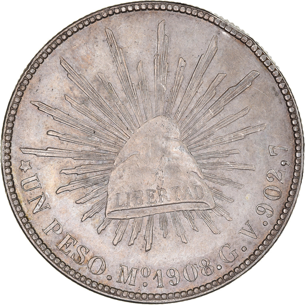 Coin, Mexico, Peso, 1908, Mexico City, AU(50-53), Silver, KM:409.2