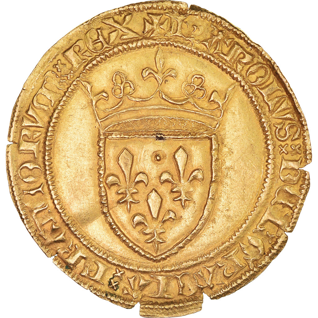 Moneta, Francia, Charles VI, Écu d'or à la couronne, Uncertain Mint, BB+, Oro