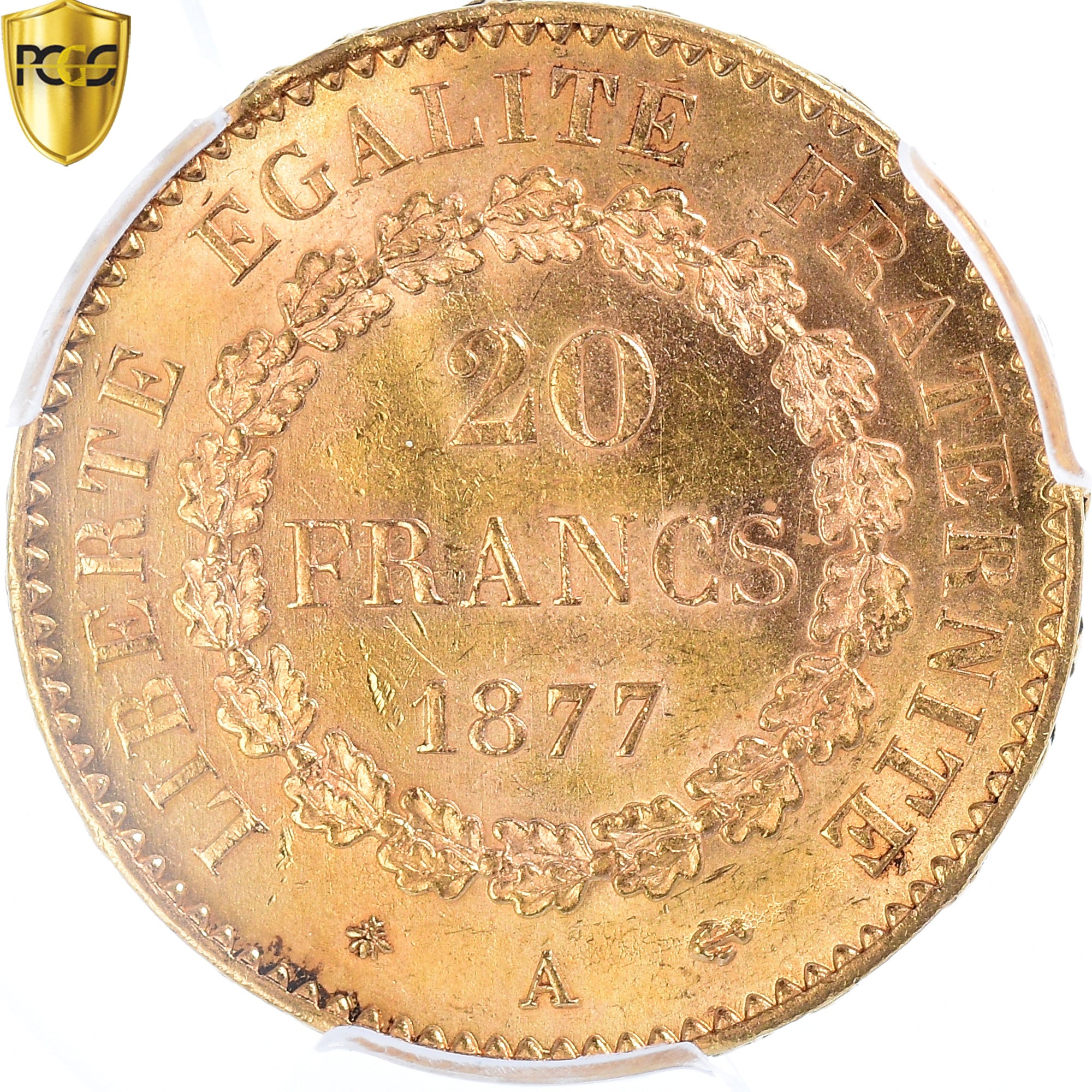 Moneta, Francia, Génie, 20 Francs, 1877, Paris, PCGS, MS64, SPL+, Oro, KM:825