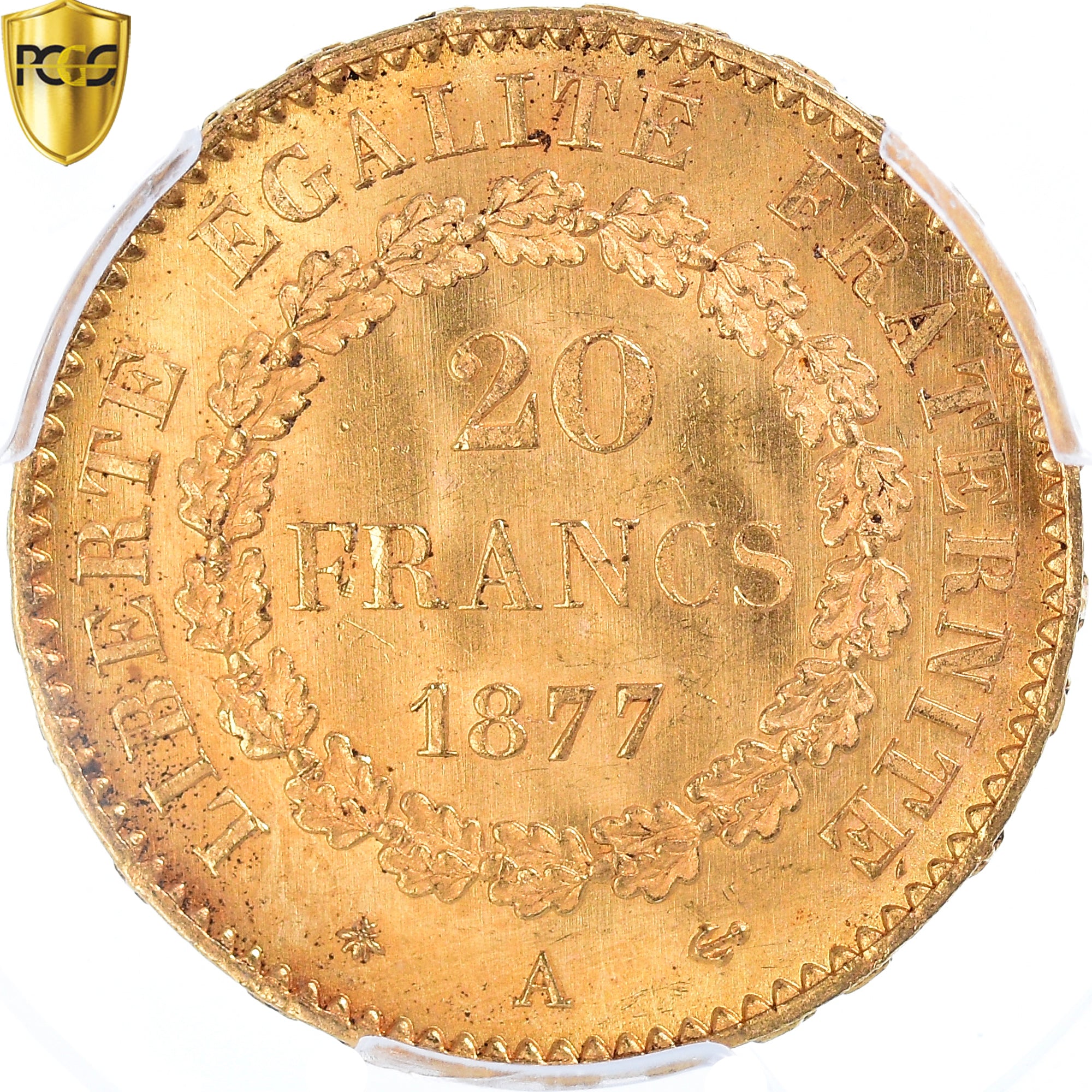 Moneta, Francia, Génie, 20 Francs, 1877, Paris, PCGS, MS65, FDC, Oro, KM:825