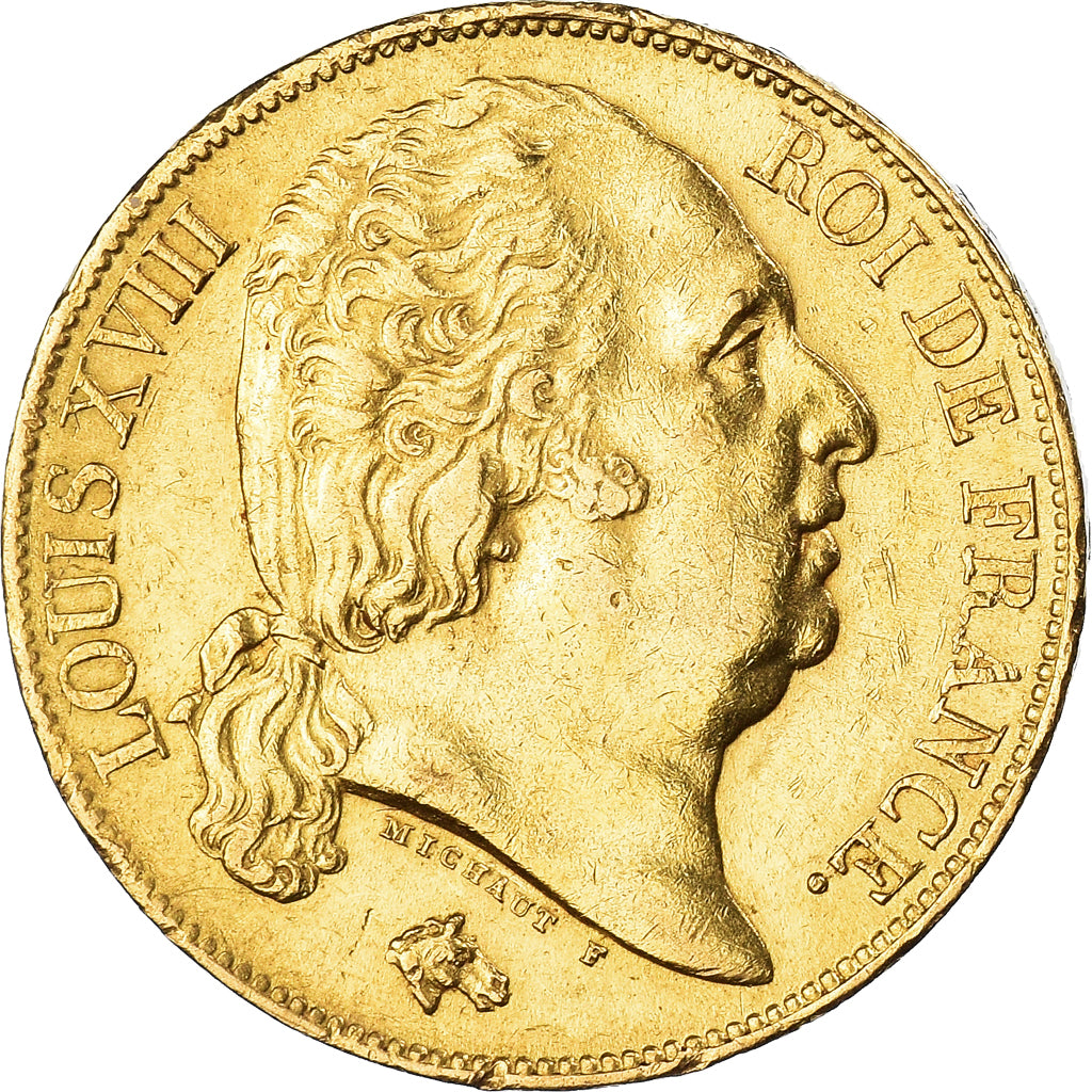 Moeda, França, Louis XVIII, 20 Francs, 1819, Lille, AU(55-58), Dourado