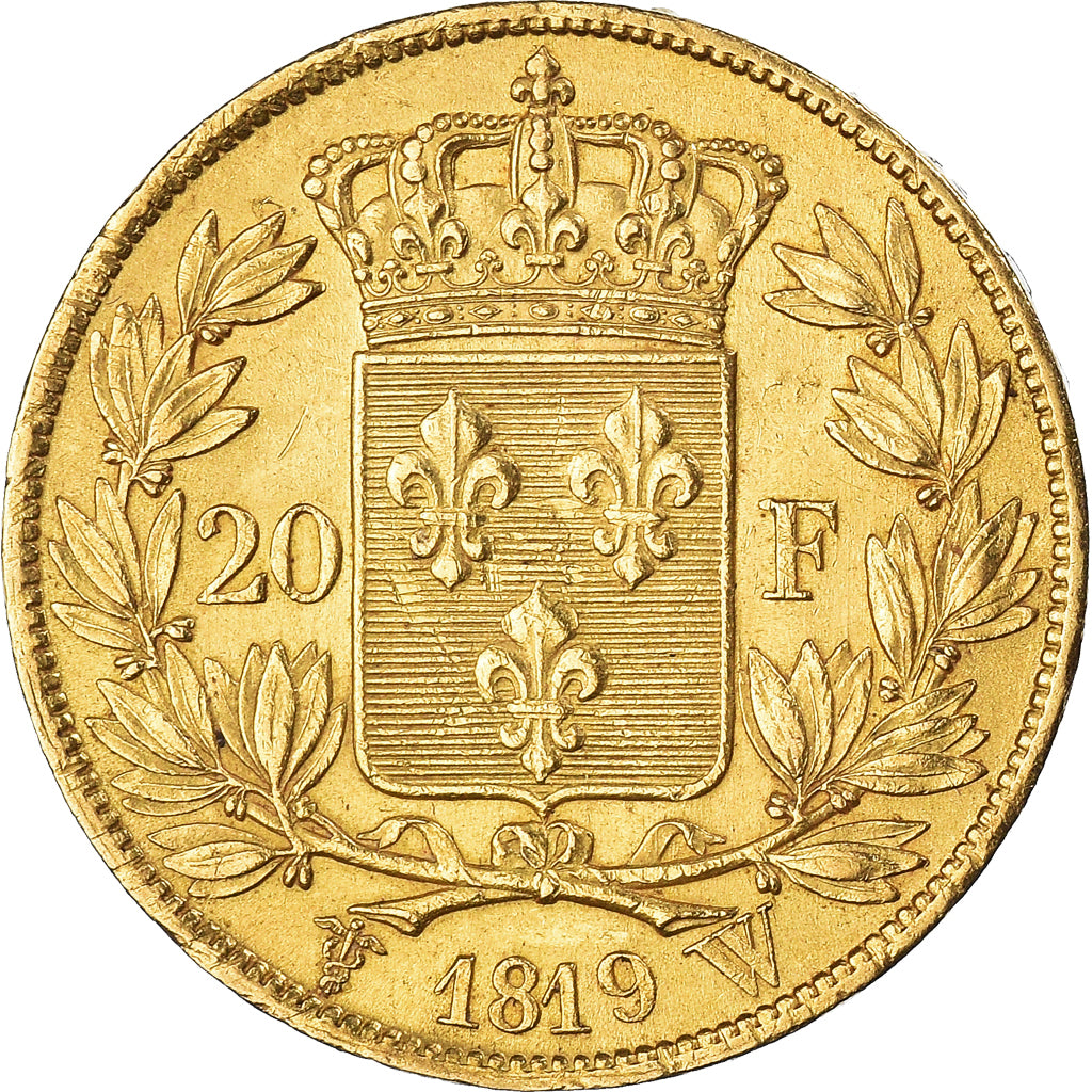 Moeda, França, Louis XVIII, 20 Francs, 1819, Lille, AU(55-58), Dourado