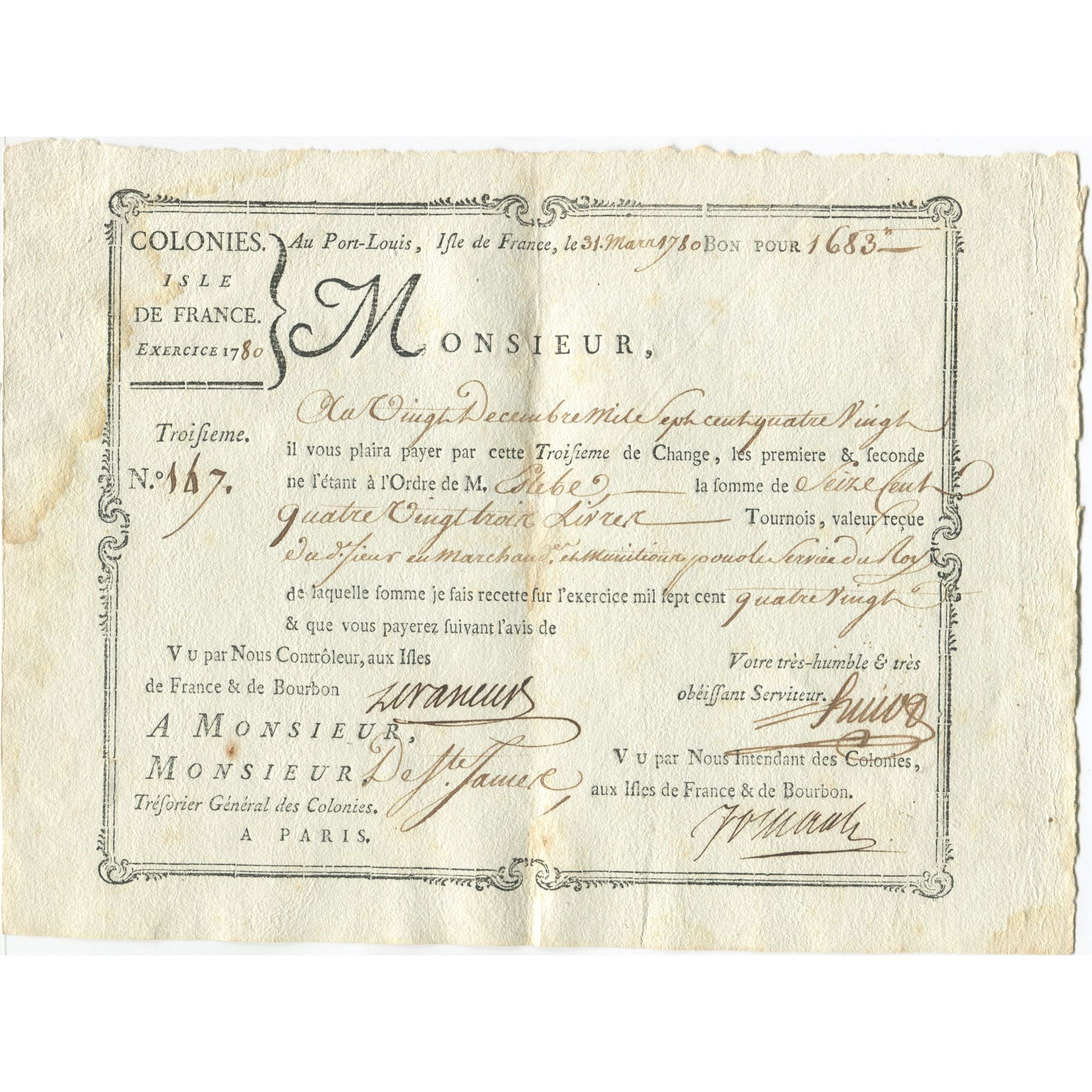 France, Traite, Colonies, Isle de France, 1683 Livres, 1780, TTB