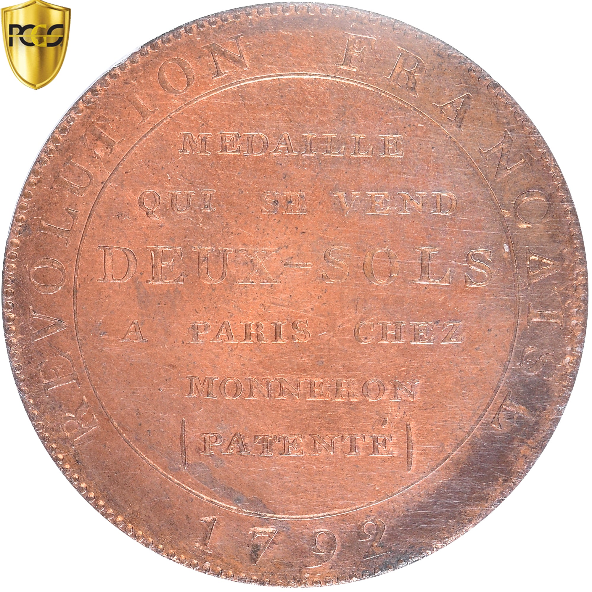 Coin, France, Monneron, 2 Sols, 1792, Birmingham, TOP POP, PCGS, SP65RD