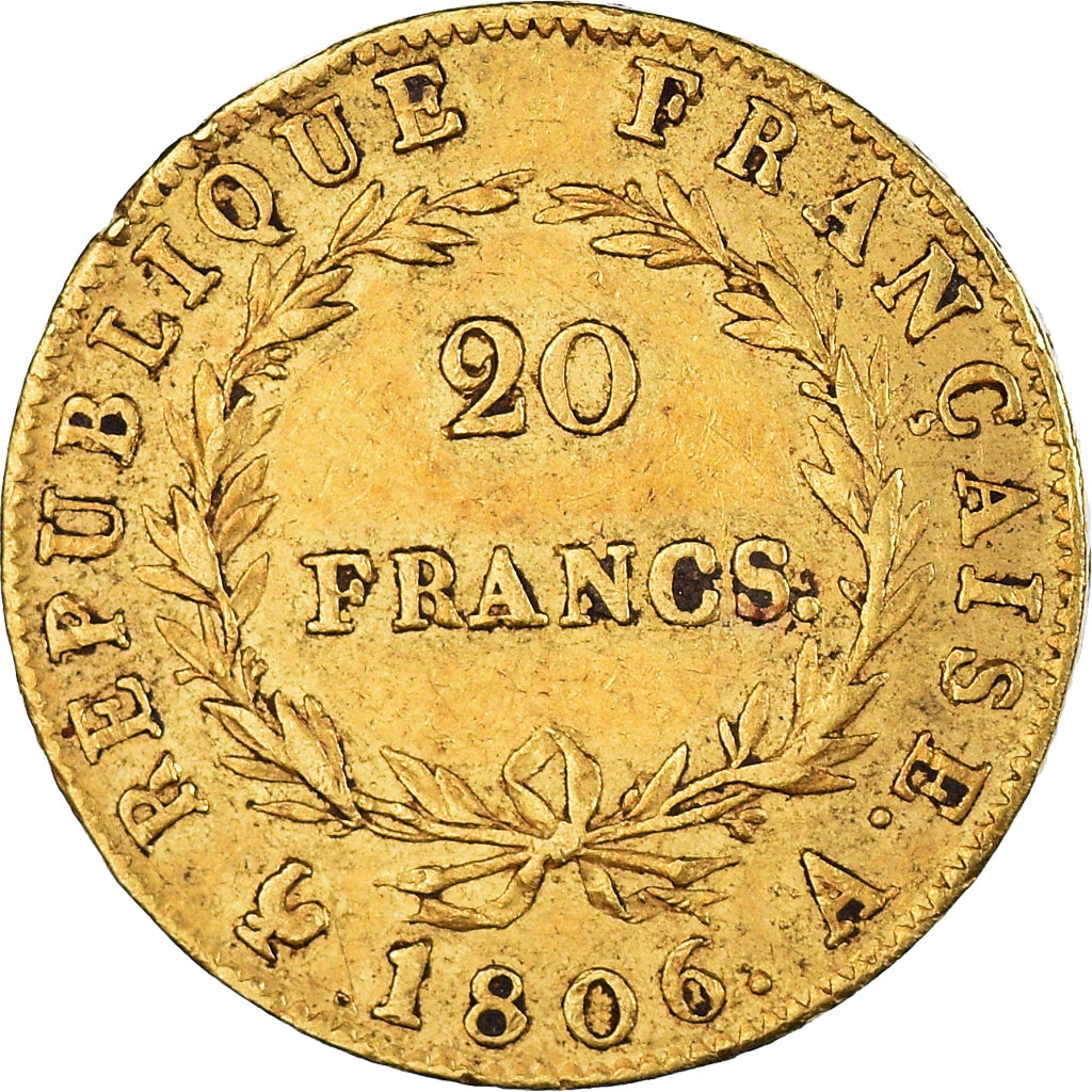 Moneda, Francia, Napoleon I, 20 Francs, 1806, Paris, MBC, Oro, KM:674.1, Le