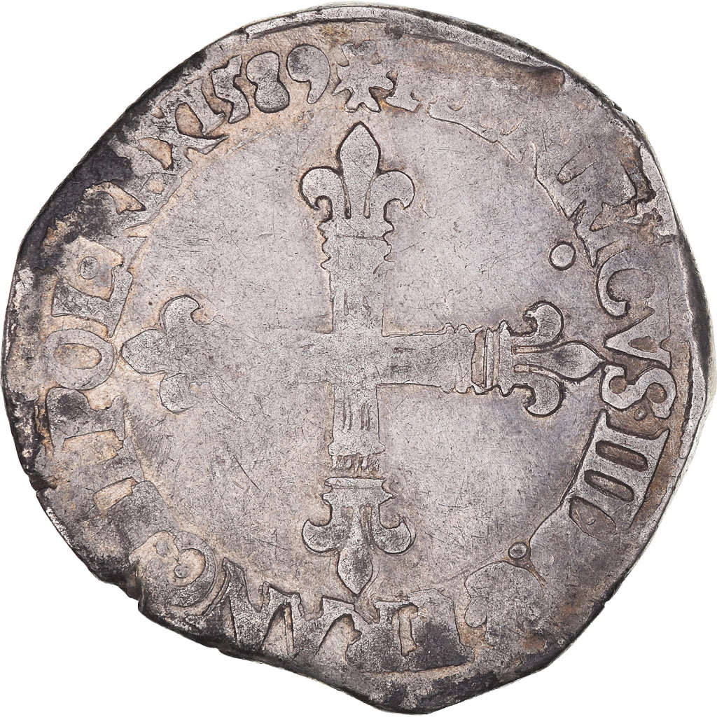Munten, Frankrijk, Henri III, 1/4 d'écu à la croix de face, 1589, Nantes, ZF