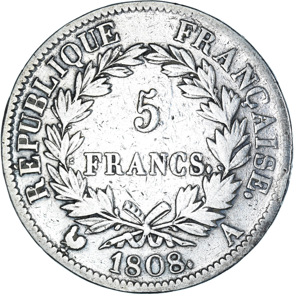 Monnaie, France, Napoleon I, 5 Francs, 1808, Paris, TB+, Argent, KM:686.1, Le