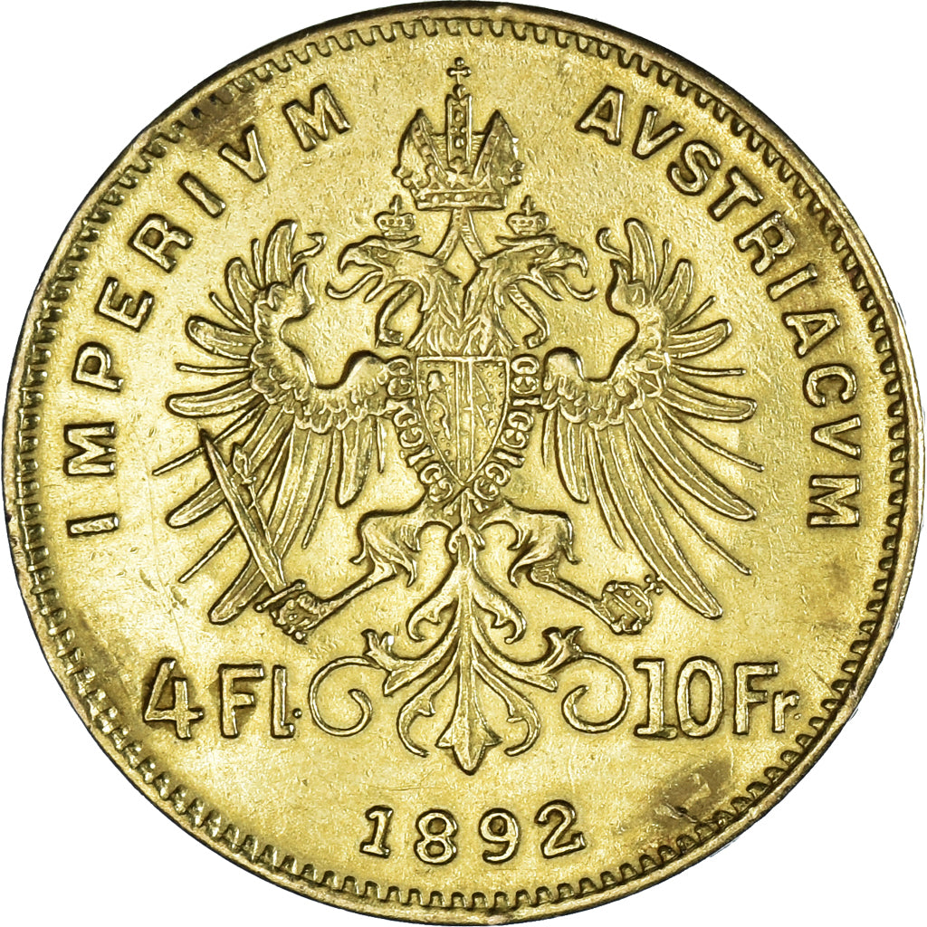 Moeda, Áustria, Franz Joseph I, 4 Florin 10 Francs, 1892, Vienna, AU(50-53)