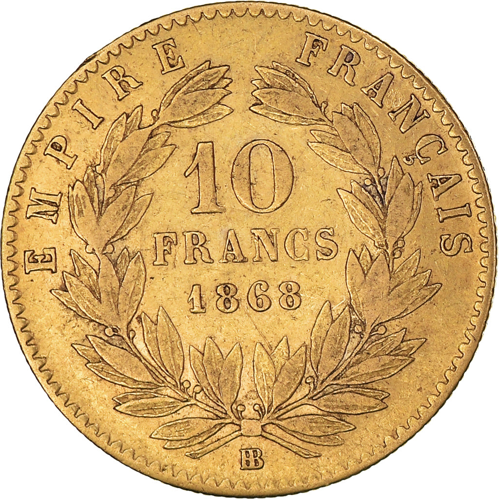Moneda, Francia, Napoleon III, 10 Francs, 1868, Strasbourg, BC+, Oro, KM:784.4