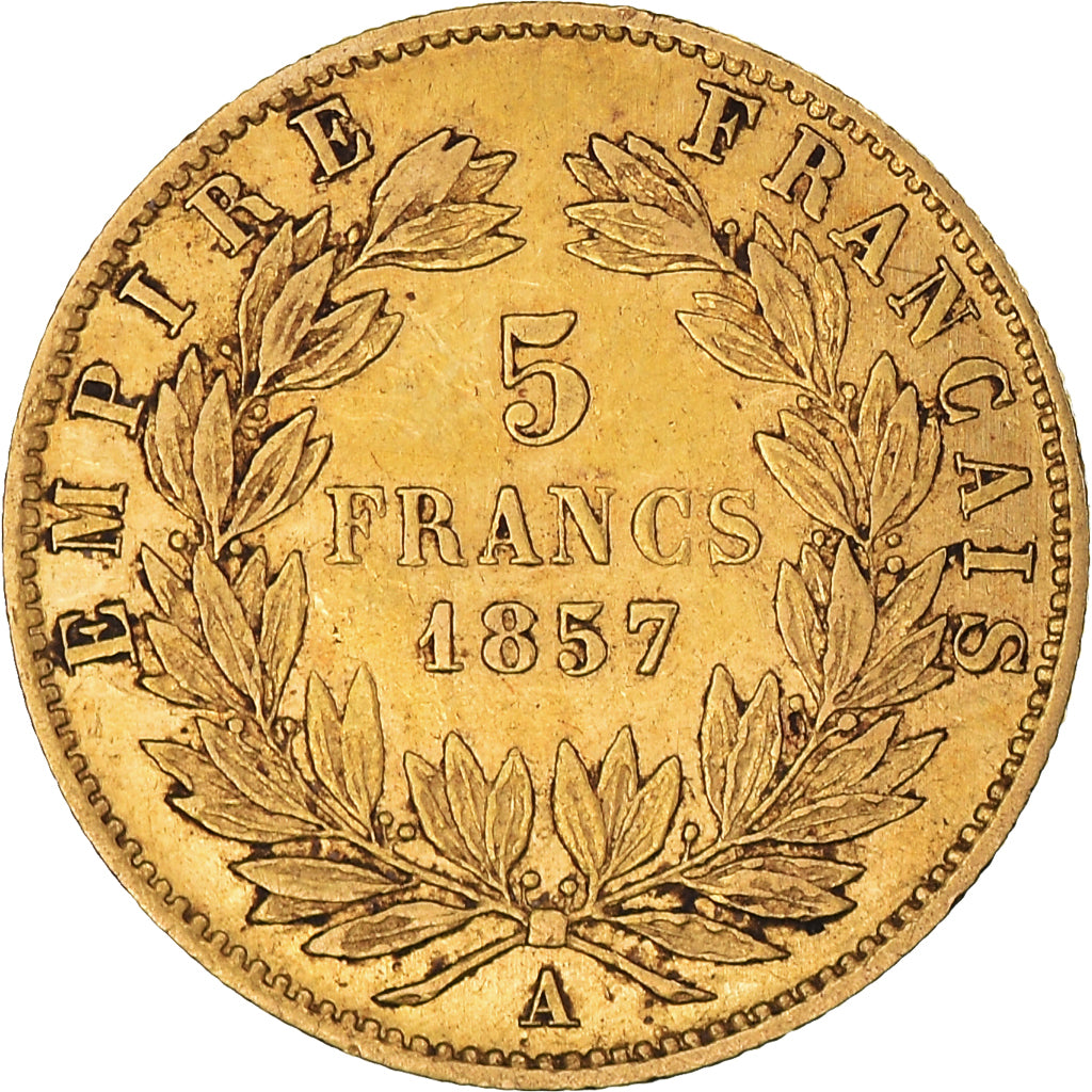 Moneda, Francia, Napoleon III, 5 Francs, 1857, Paris, MBC, Oro, KM:787.1