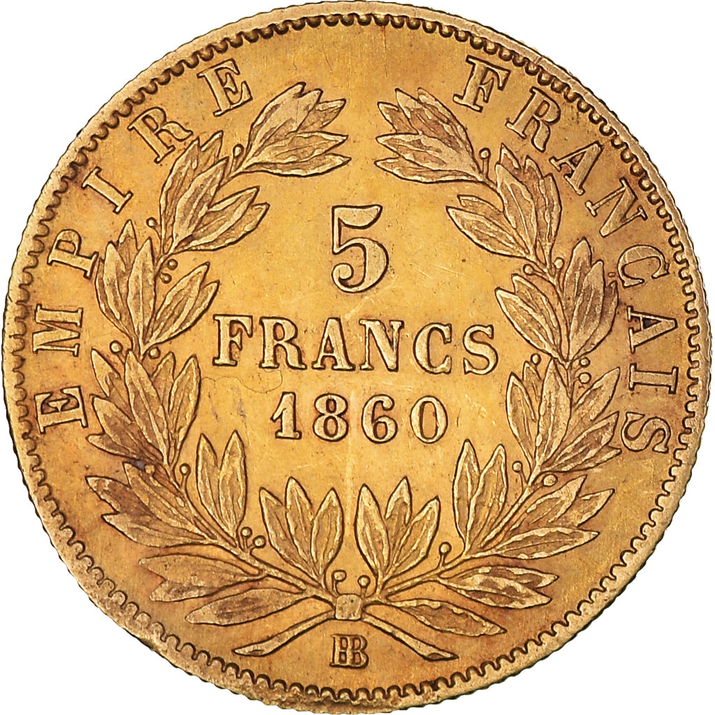 Moneta, Francja, Napoleon III, 5 Francs, 1860, Strasbourg, EF(40-45), Złoto