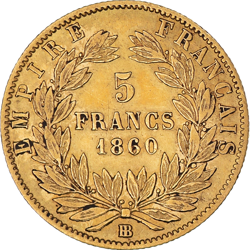 Moeda, França, Napoleon III, 5 Francs, 1860, Strasbourg, EF(40-45), Dourado