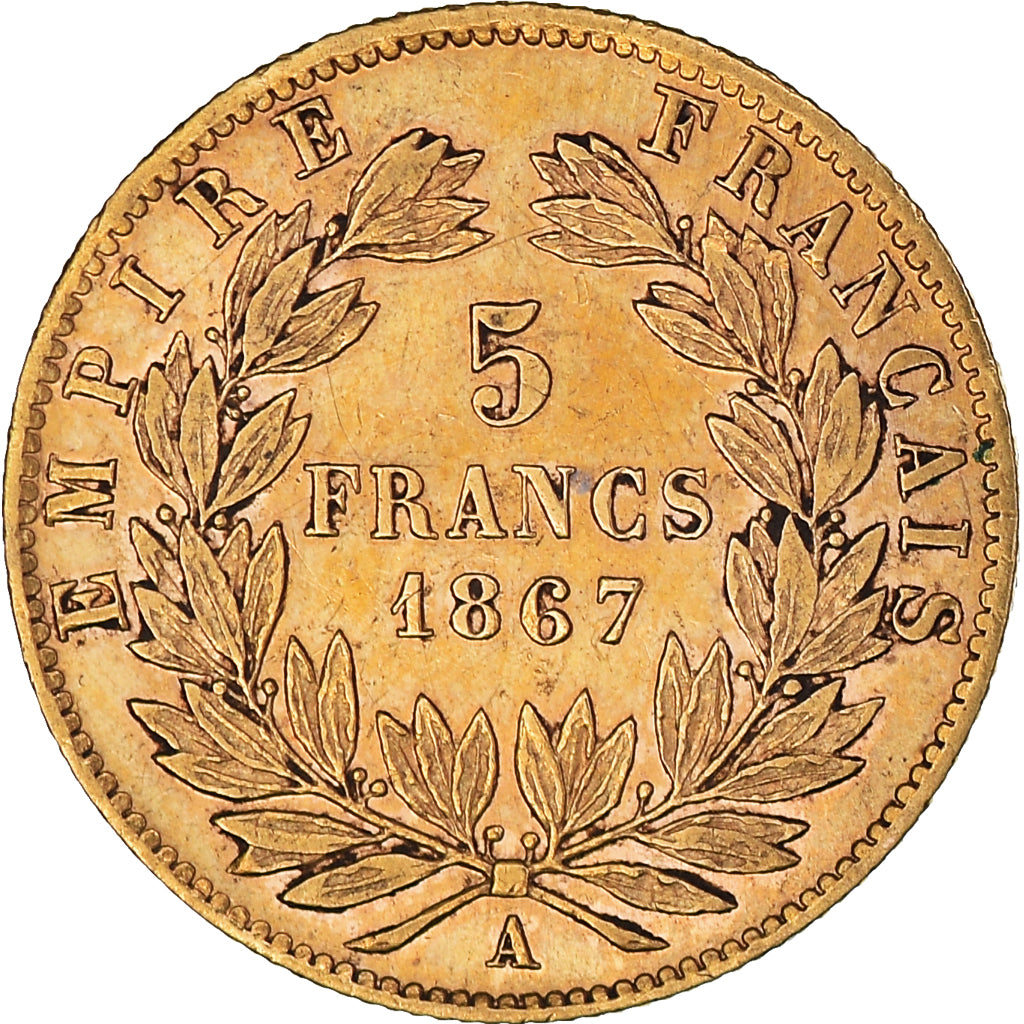 Moneta, Francja, Napoleon III, 5 Francs, 1867, Paris, AU(50-53), Złoto