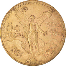 Moneda, México, 50 Pesos, 1924, Mexico City, MBC+, Oro, KM:481
