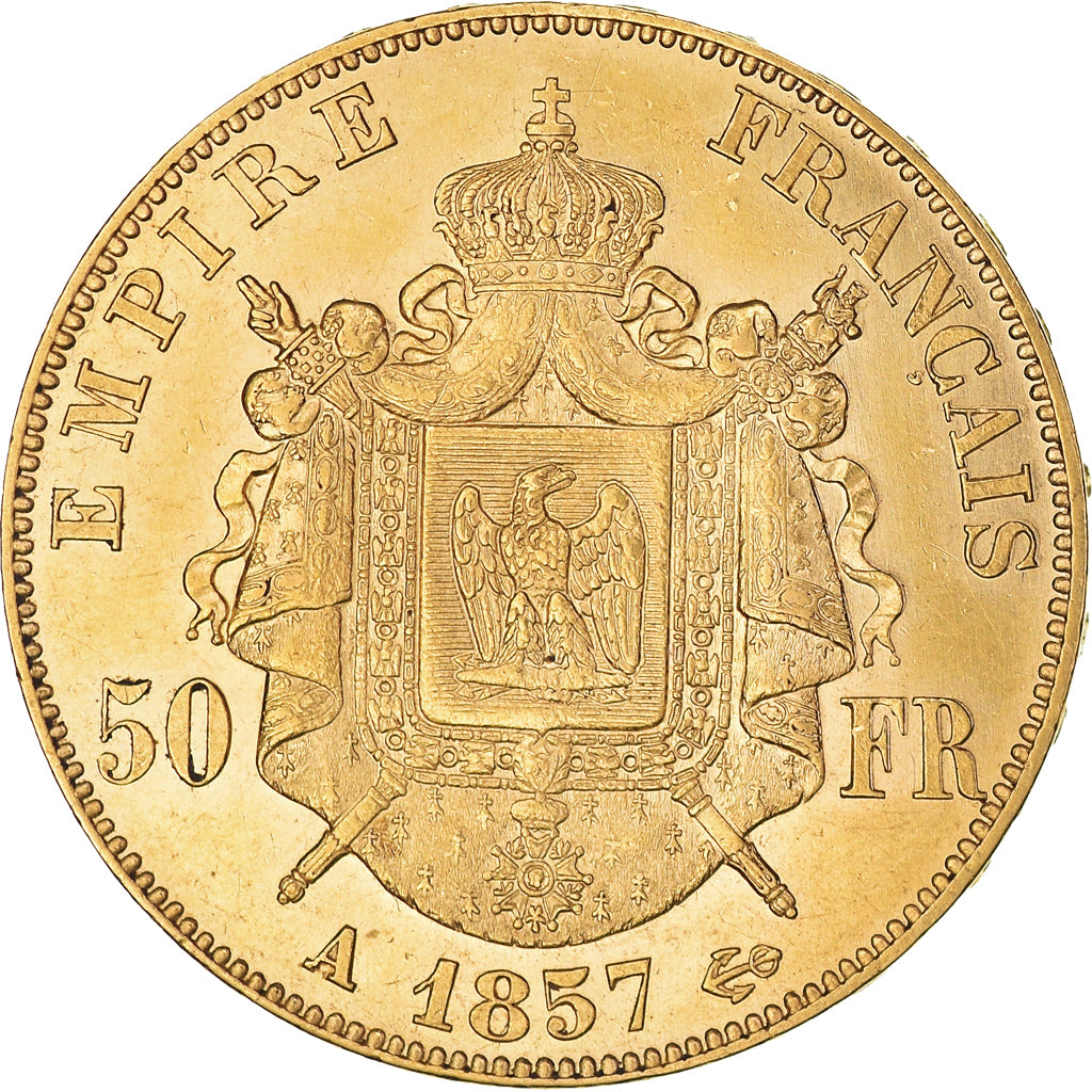 Moneta, Francja, Napoleon III, 50 Francs, 1857, Paris, AU(55-58), Złoto