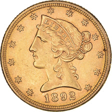 Coin, United States, Coronet Head, $5, Half Eagle, 1892, Philadelphia