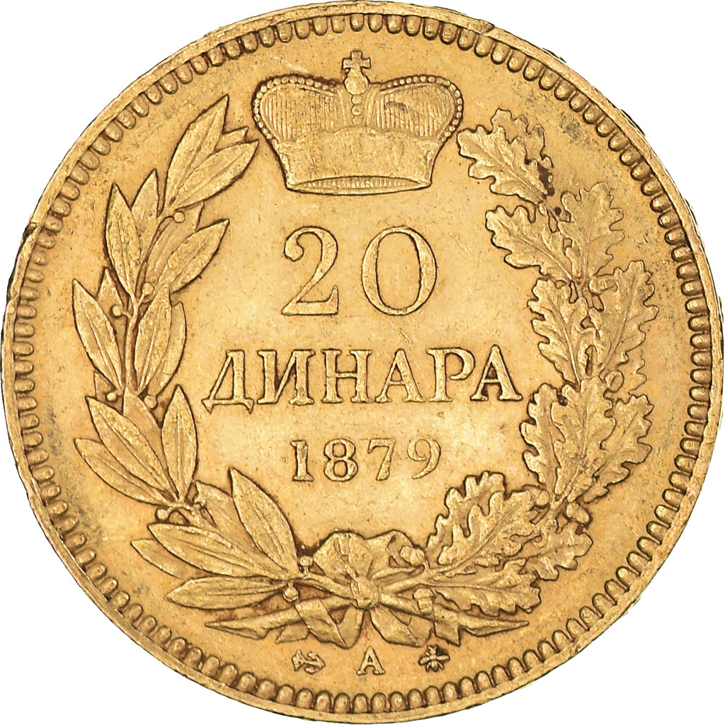 Coin, Serbia, Milan I, 20 Dinara, 1879, Paris, AU(50-53), Gold, KM:14