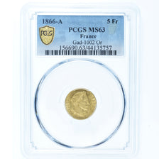 Moneda, Francia, Napoleon III, 5 Francs, 1866, Paris, PCGS, MS63, SC, Oro
