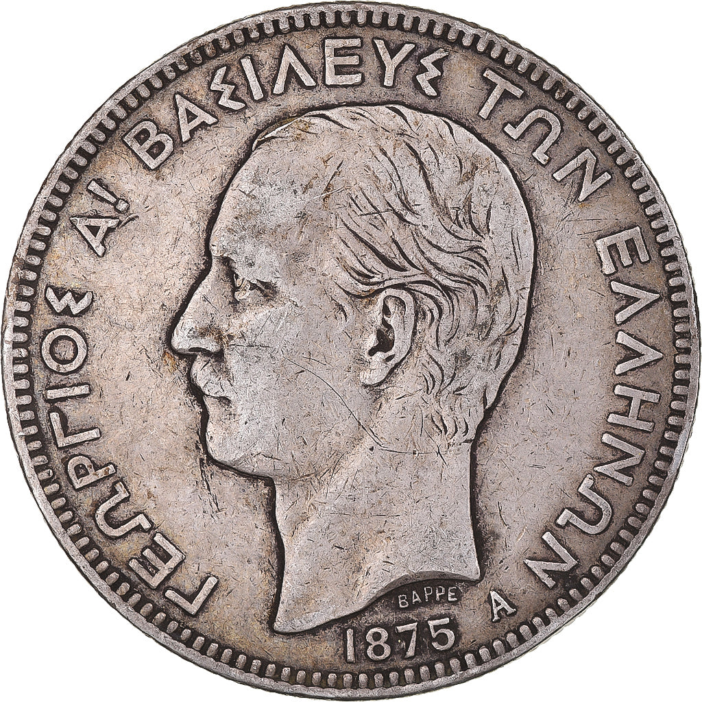 Coin, Greece, George I, 5 Drachmai, 1875, Paris, VF(30-35), Silver, KM:46