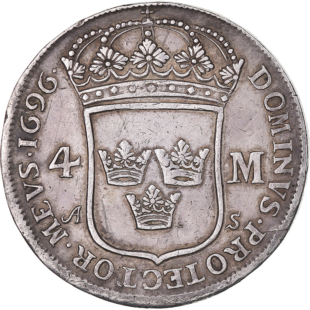 Coin, Sweden, Karl XI, 4 Mark, 1696, Stockholm, EF(40-45), Silver, KM:296