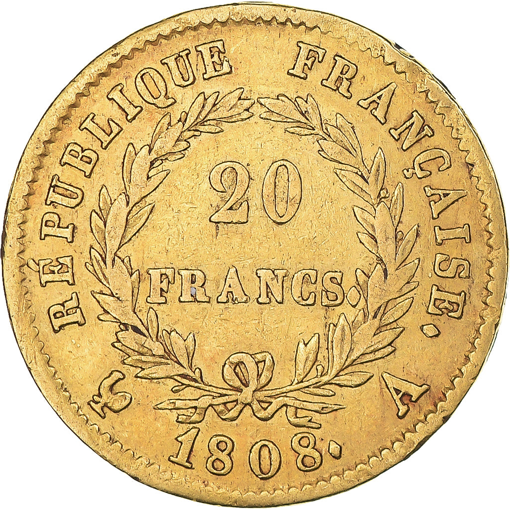 Moeda, França, Napoleon I, 20 Francs, 1808, Paris, EF(40-45), Dourado