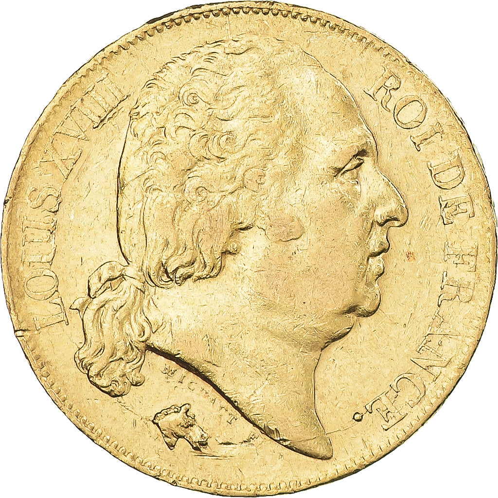 Moeda, França, Louis XVIII, 20 Francs, 1817, Lille, AU(50-53), Dourado