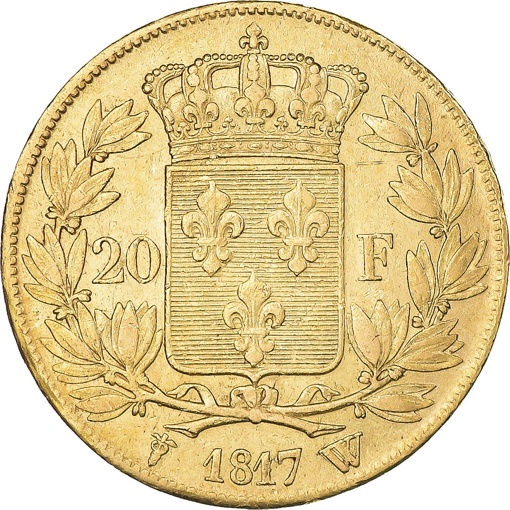 Moeda, França, Louis XVIII, 20 Francs, 1817, Lille, AU(50-53), Dourado