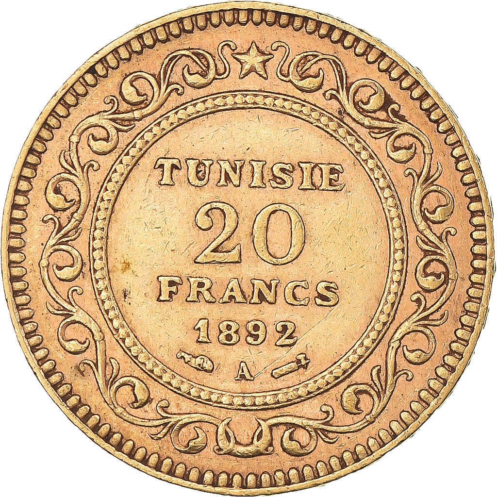 Moneta, Tunisia, Ali Bey, 20 Francs, 1892, Paris, BB, Oro, KM:227, Lecompte:445