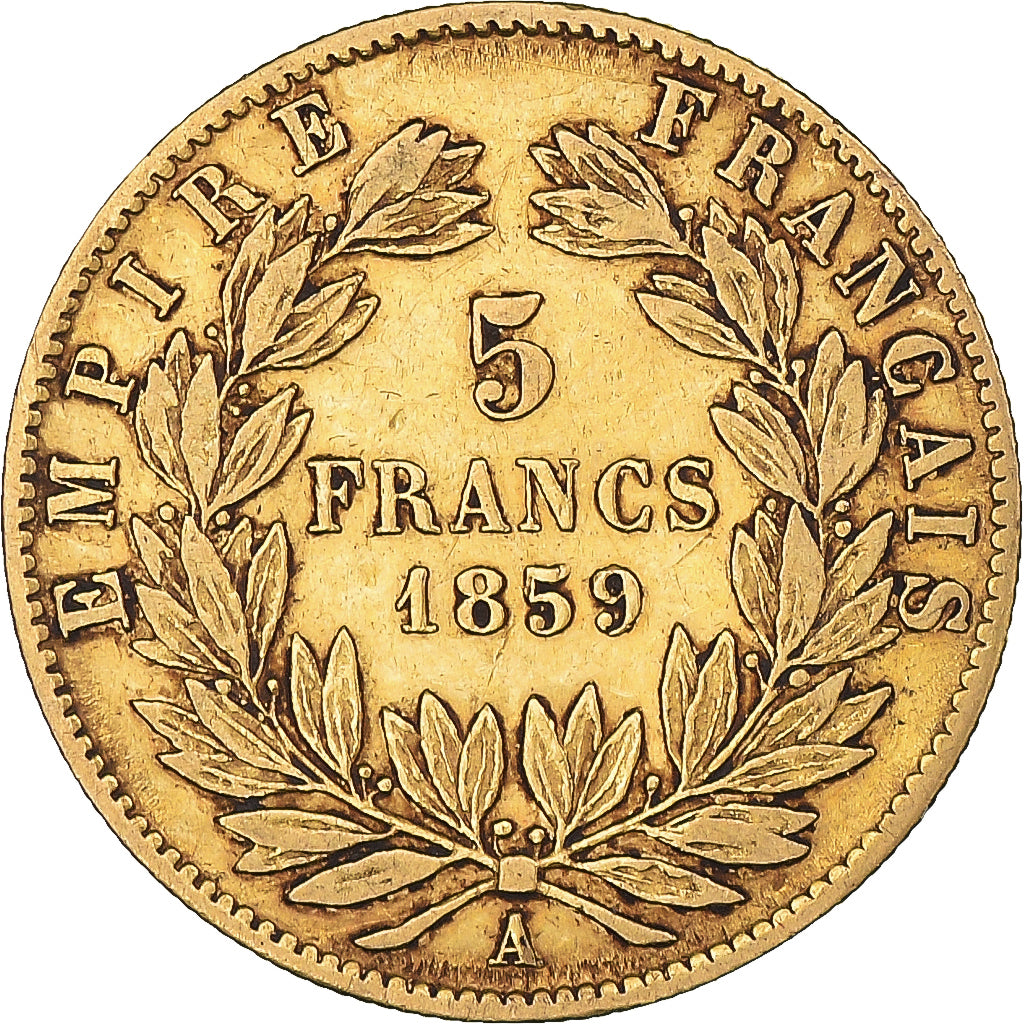 Moeda, França, Napoleon III, 5 Francs, 1859, Paris, EF(40-45), Dourado
